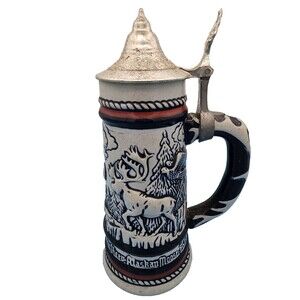 Vtg 1976 Beer Stein Alaskan Moose Mountain Goat Eagle Bighorn Sheep Pewter Lid
